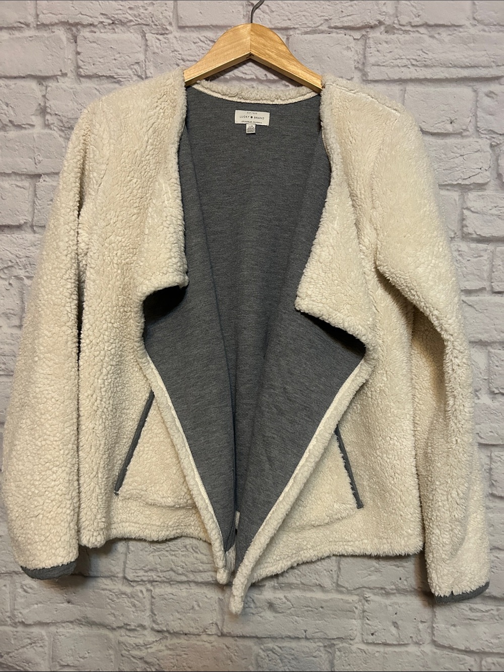 Lucky Brand Ivory Sherpa Open Cardigan with Gray Lining